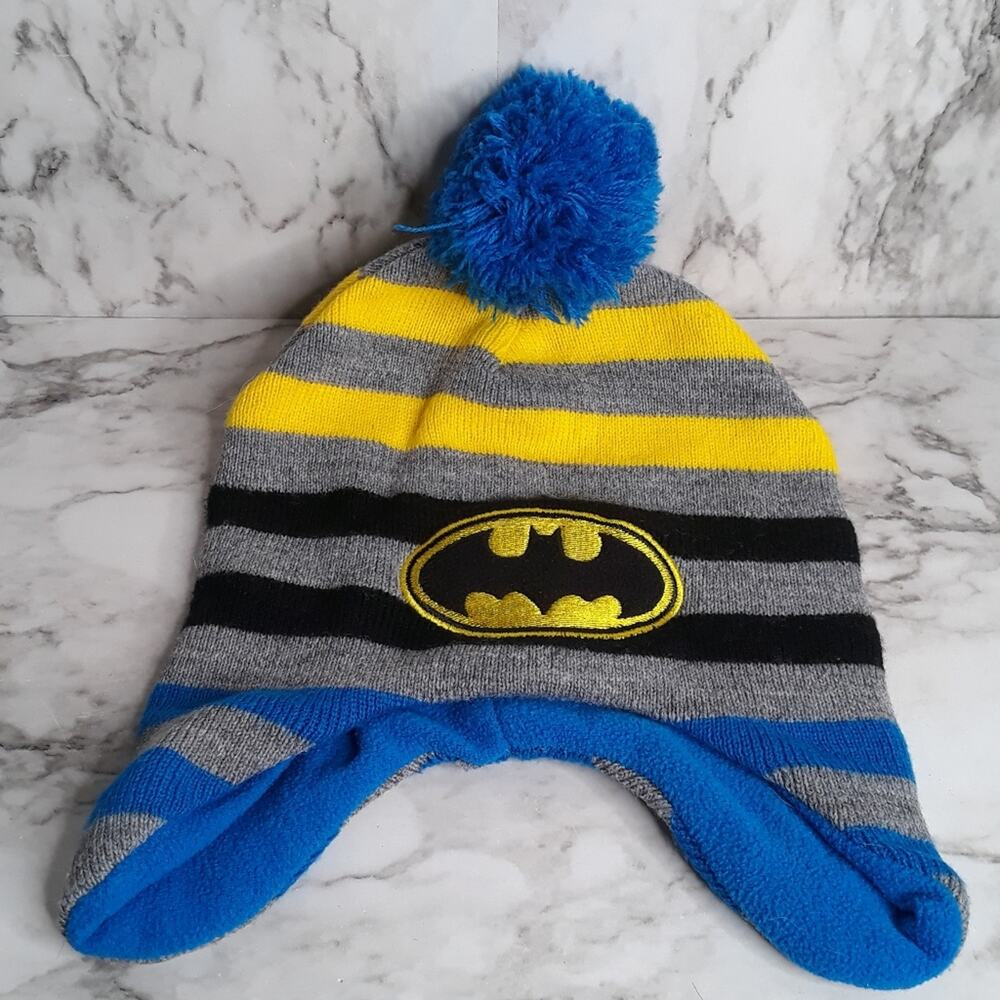Batman Beanie Hat Kids 2T-5T Blue Striped‎ Fleece Lined Pom Ear Flaps DC Comics